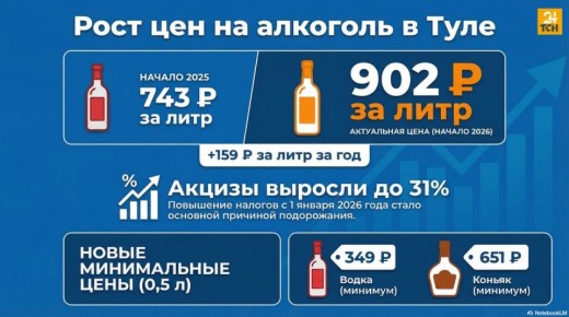 Средняя цена за литр водки в Тульской области превысила 900 рублей